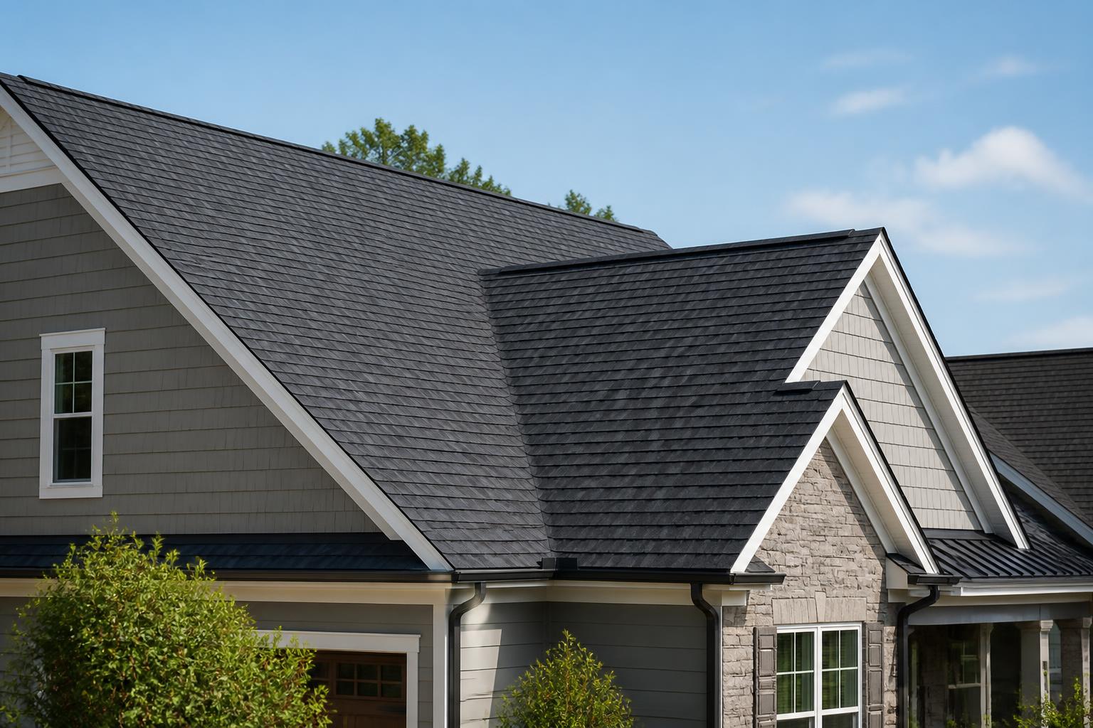 Finished roofline on a suburban home in natural daylight.
